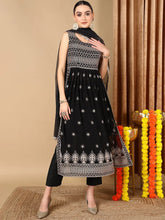 Women Black Poly Georgette Solid Embroidered Kurta Trouser With Dupatta